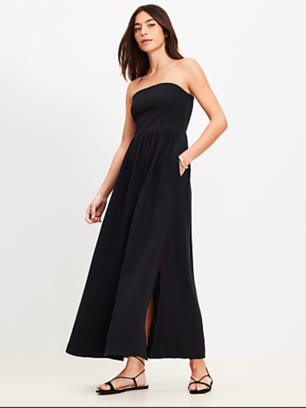NWT LOFT Beach Strapless Mixed Media Pocket Maxi Dress Women’s SZ XL in Black